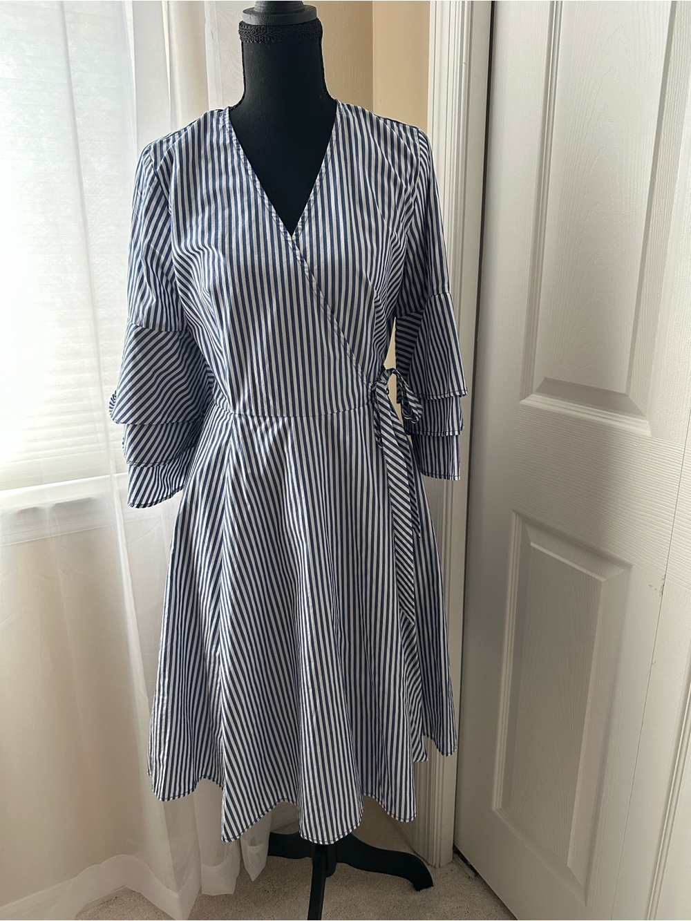 NWOT  Calvin Klein Navy and White Striped Wrap Midi Dress